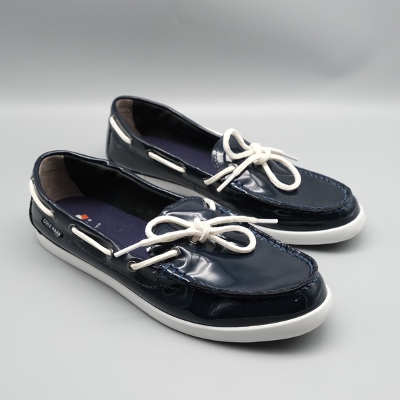 Cole Haan Women's Boat Shoes Navy Blue Patent Leather Slip On Loafers Size 10 B - Picture 1 of 11
